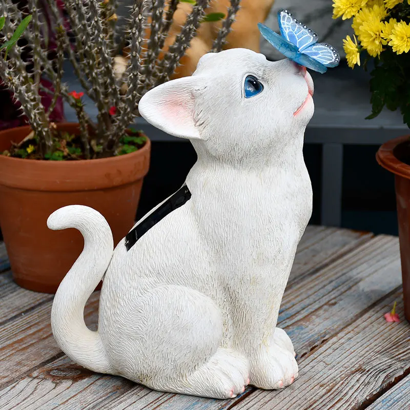 Décoration Jardin Chat Et Papillons - Lampes Solaires Extérieur - Résine - Animaux Mignons