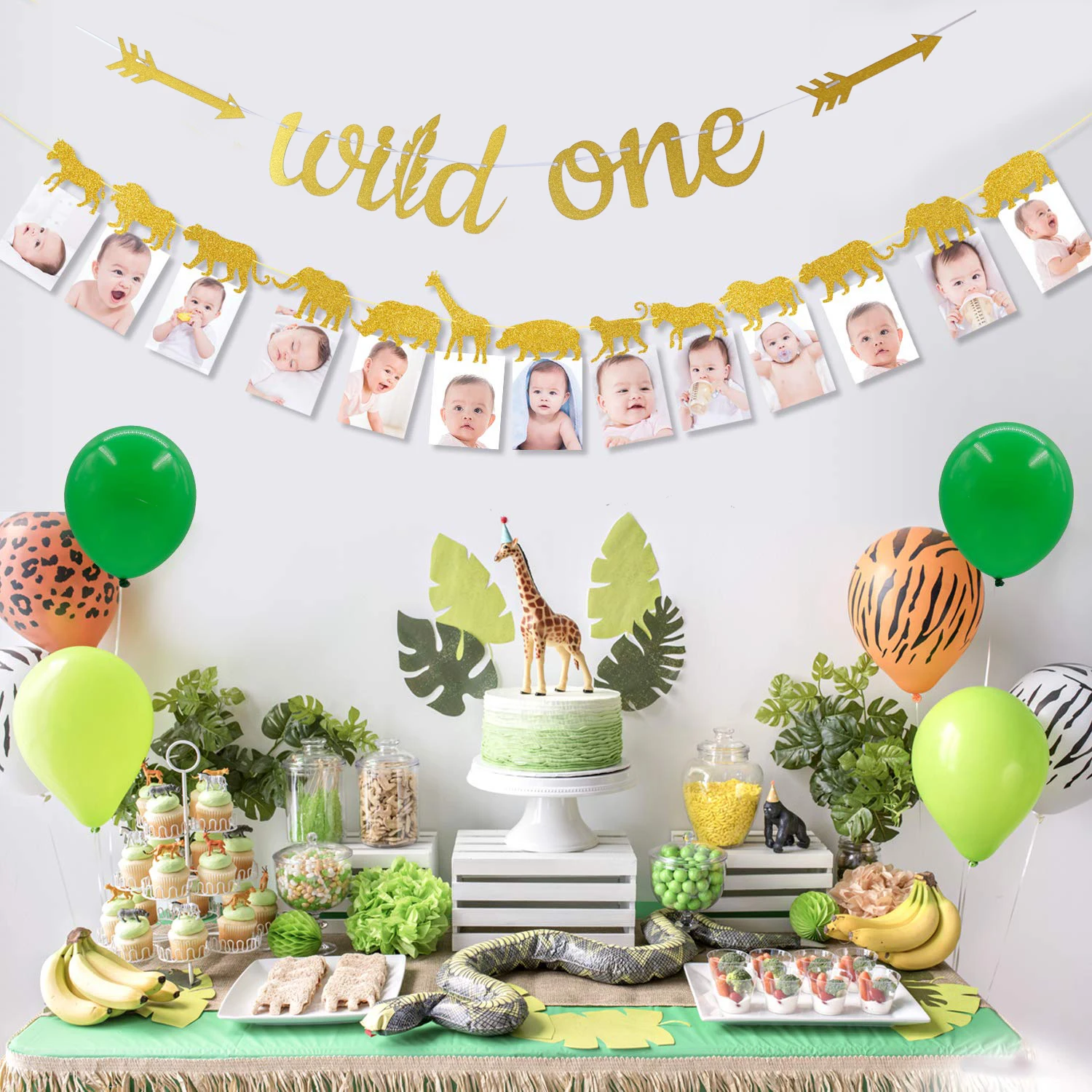 Safari Babyparty Deko Für Jungen – Gold Glitter Banner „A Wild One Is On The Way“ Mit Willkommensschild