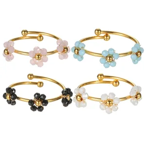 Fashion Jewelry Adjustable Ring Glass Flower Beaded Ring Women 18K Gold Plated Stainless Steel Opening Rings
