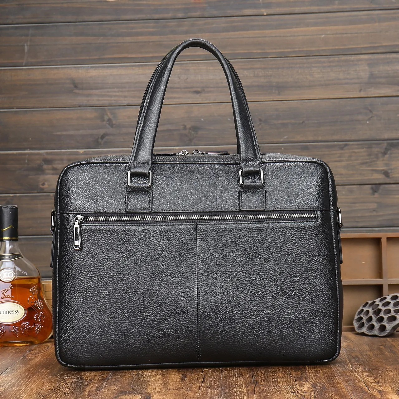 Original Factory Drop Shipping Cow Leather 15.6 Inches Business Bag Real Black Pebble Genuine Leather Computer Laptop Briefcases