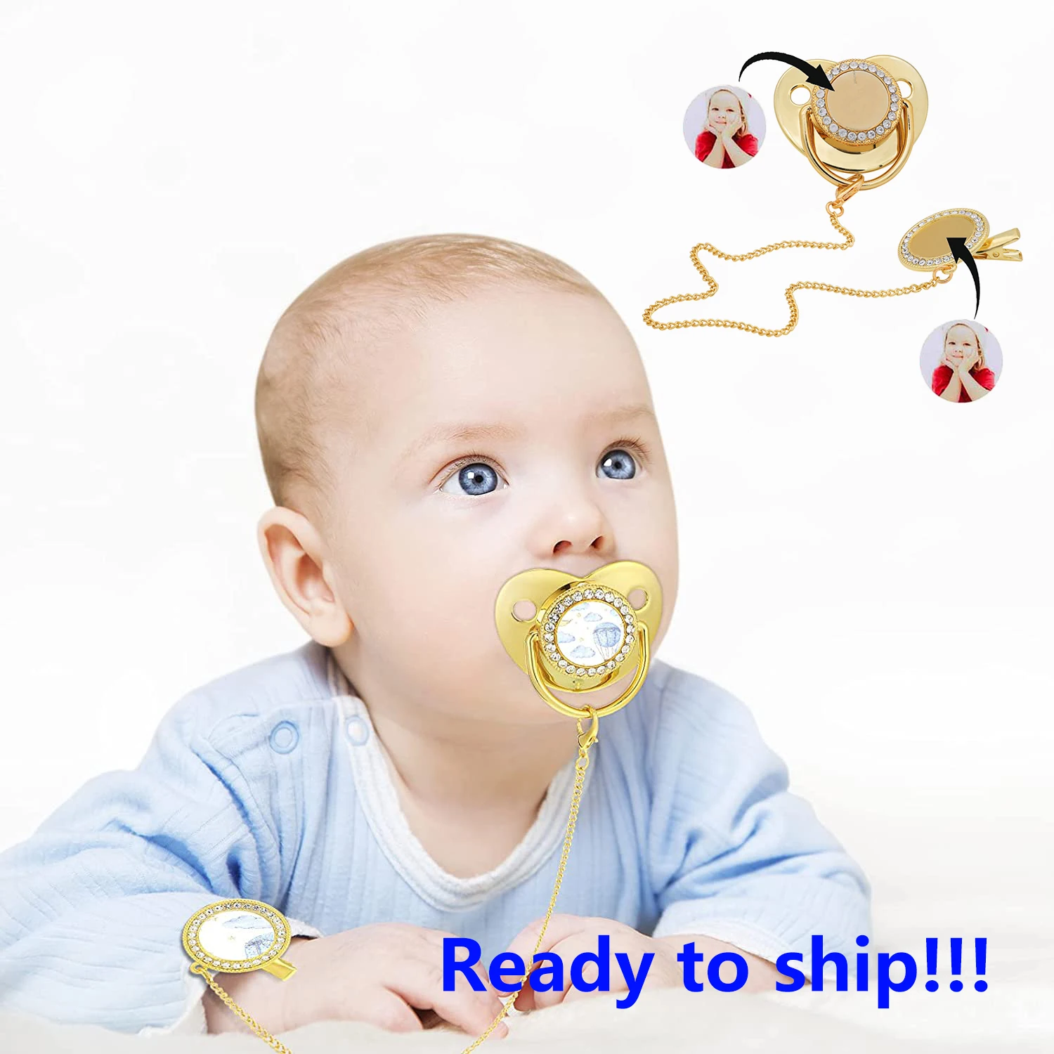 Blank Baby Pacifier And Clips Custom Personalized Golden Bling Silicone