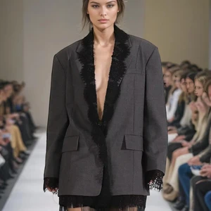 Ladies' Grey Tailored Blazer with Exquisite Black Lace Inset Manufacturing Oem Odm Custom Made