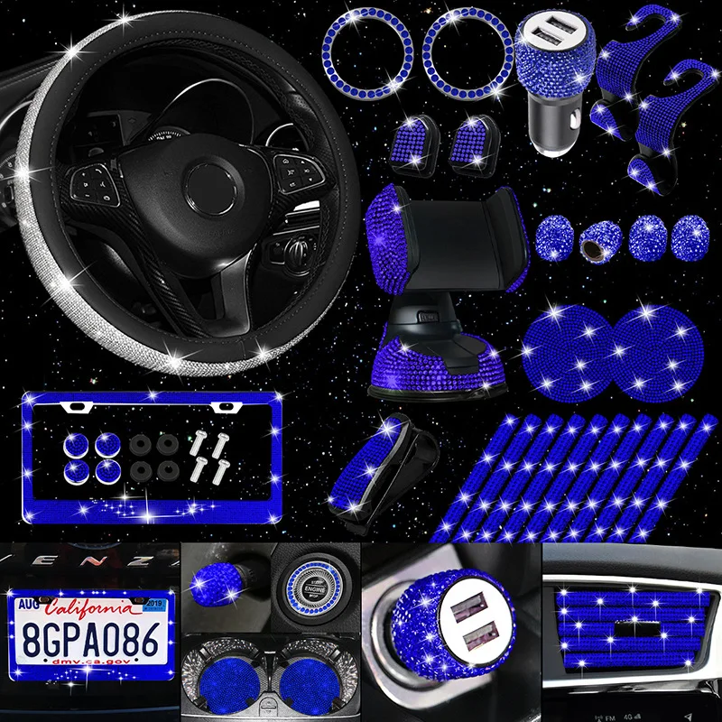 Set Of 7 Sparkling Car Additions For Women - Elegant Steering Wheel Cover, Drink Coasters, Armrest Mat, Emblem Ring Sticker, Gear Shift Cover, And * Items - High Quality