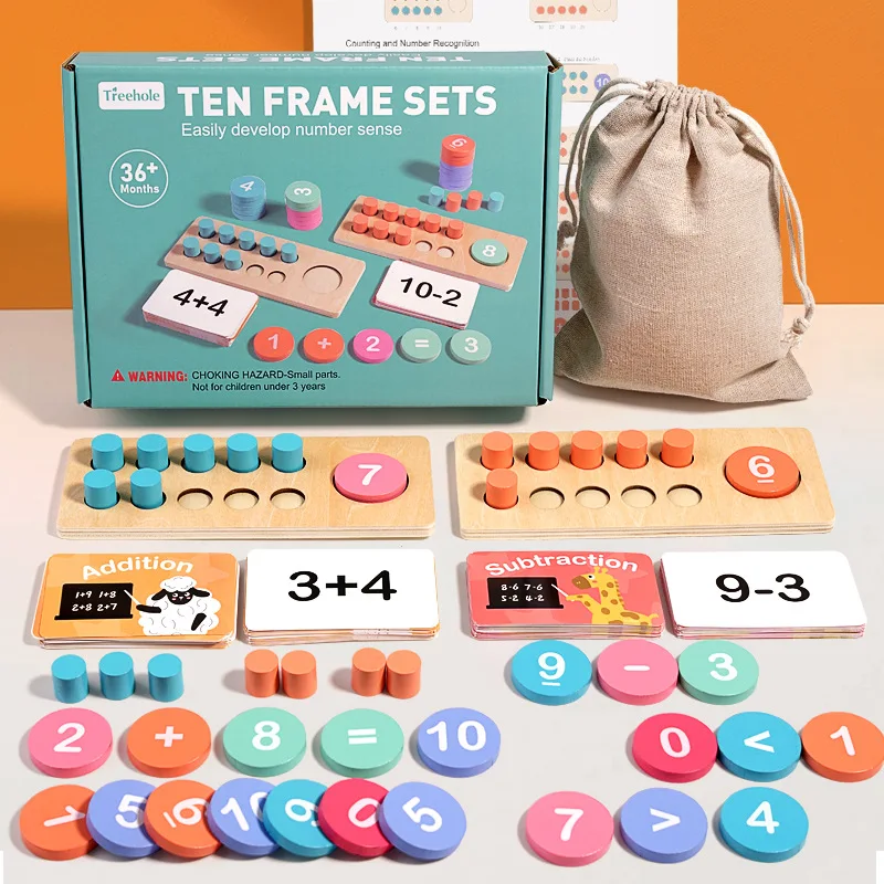 Children Math Learning Toy Wooden Ten Frame Set Addition Subtraction Montessori Teaching Aids Kids Educational Wooden Toys