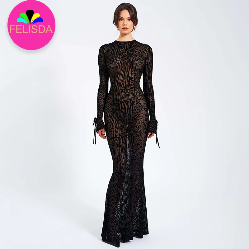 Black Red Leopard Print Maxi Dress Women Sexy Mesh See Through Backless  Slim Dress Fashion Party Club Robe Summer Bodycon Dress
