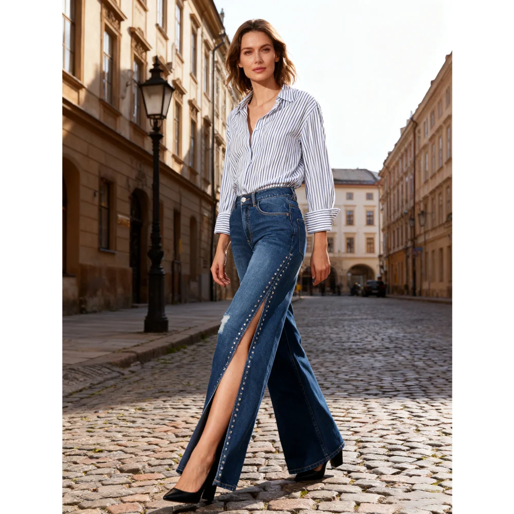 Women's Wide Leg Jeans with Studded Side & Distressed Design High Waist Casual Denim Pants