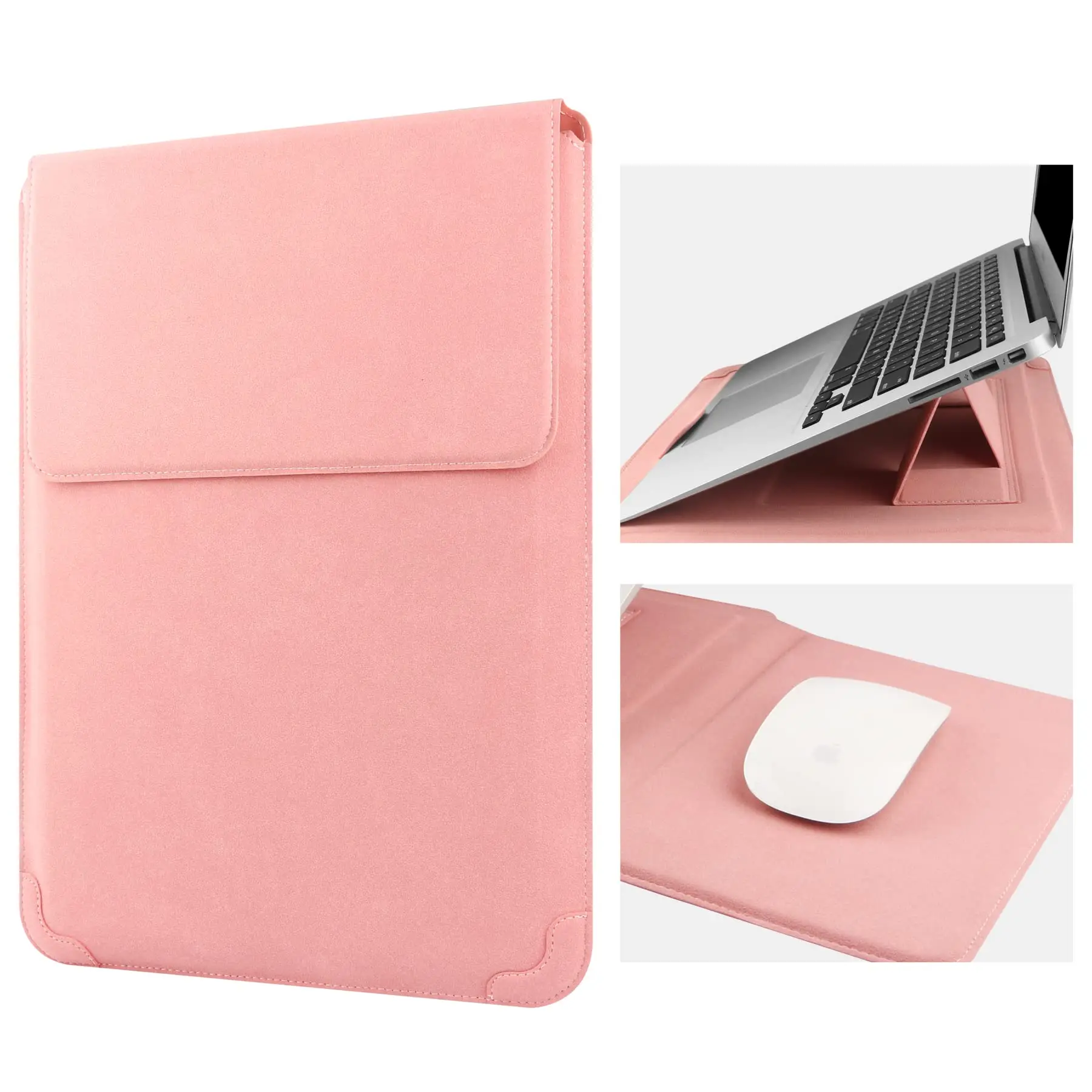 Funda para portátil al por mayor de fábrica, alta calidad, OEM/ODM, funda de cuero PU con ángulo ajustable y soporte, 14'', color rosa