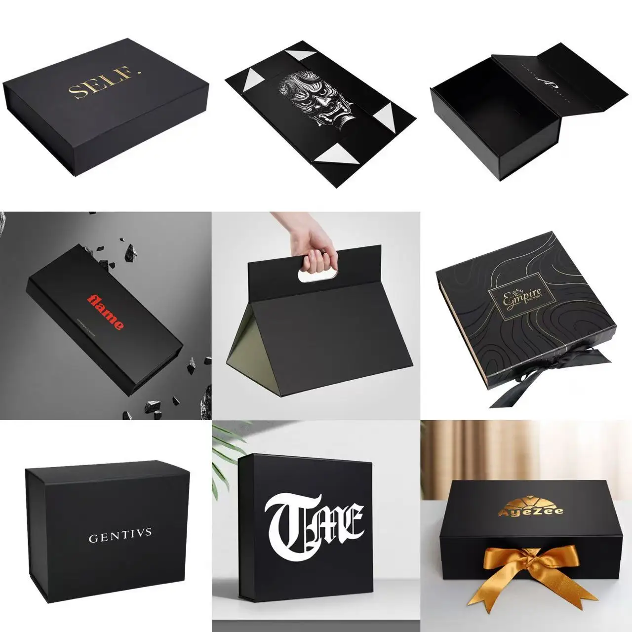 Caixa de regal magnètica plegable de color negre personalitzada, embalatge rígid col·lapsable amb logotip en fulles d'or per a marques de moda, cosmètics i de luxe
