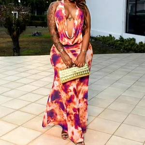 GX1751 Fashion Summer Clothing Vendor Street Wear Printed Sleeveless Irregular Halter Tops and Maxi Skirt 2 Pieces Sets