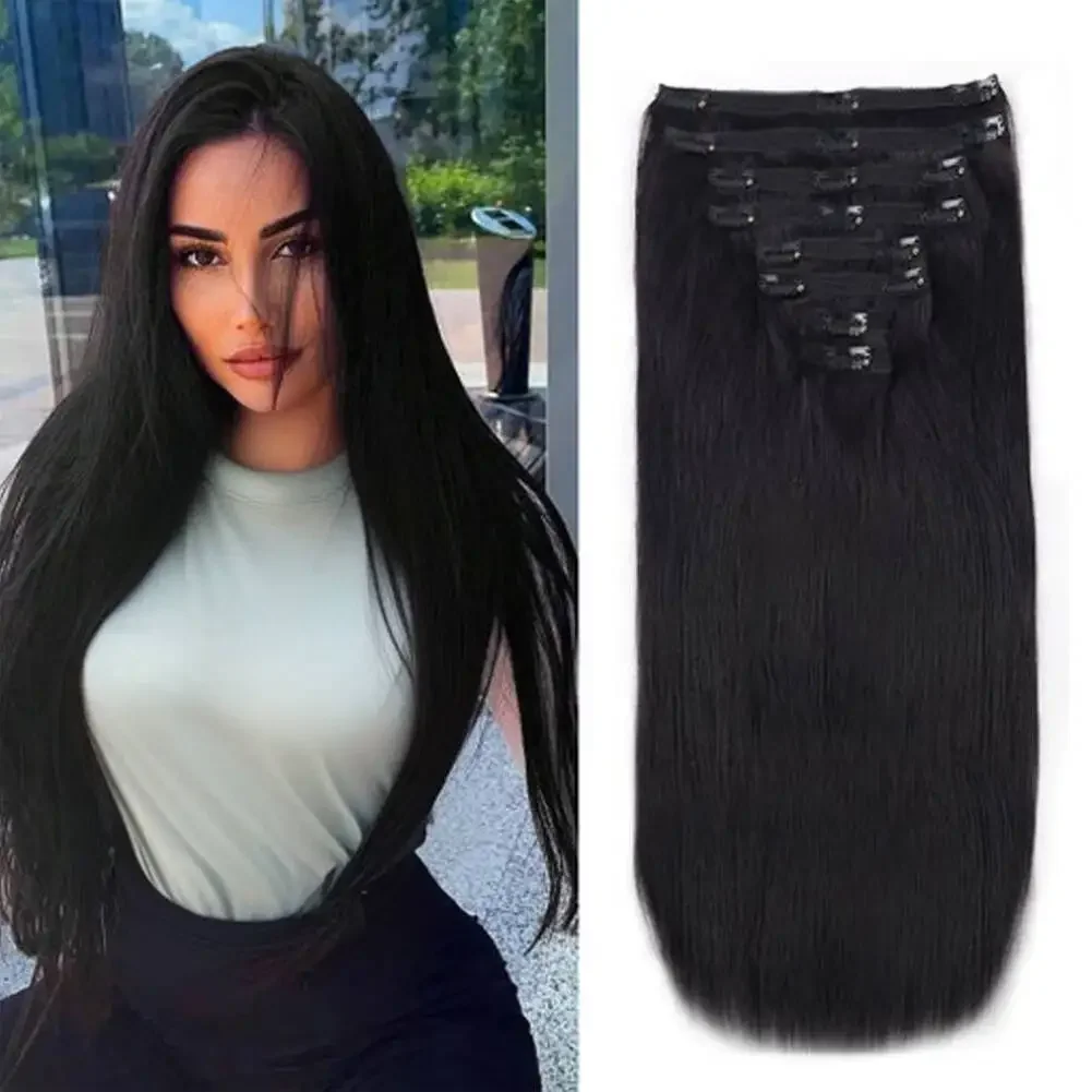 Glattes Clip In Echthaar Extensions Remy Haar Natürlich Schwarz_voghion.com