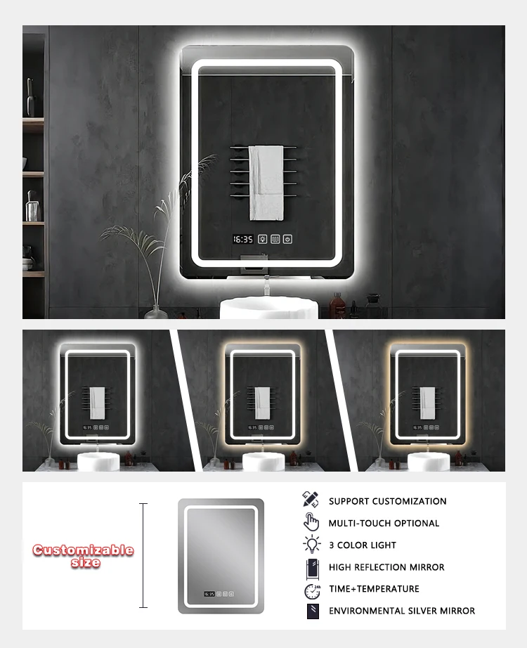 product modern smart led mirror touch screen control hotel vanity square bathroom mirror with light decorative espejo-5