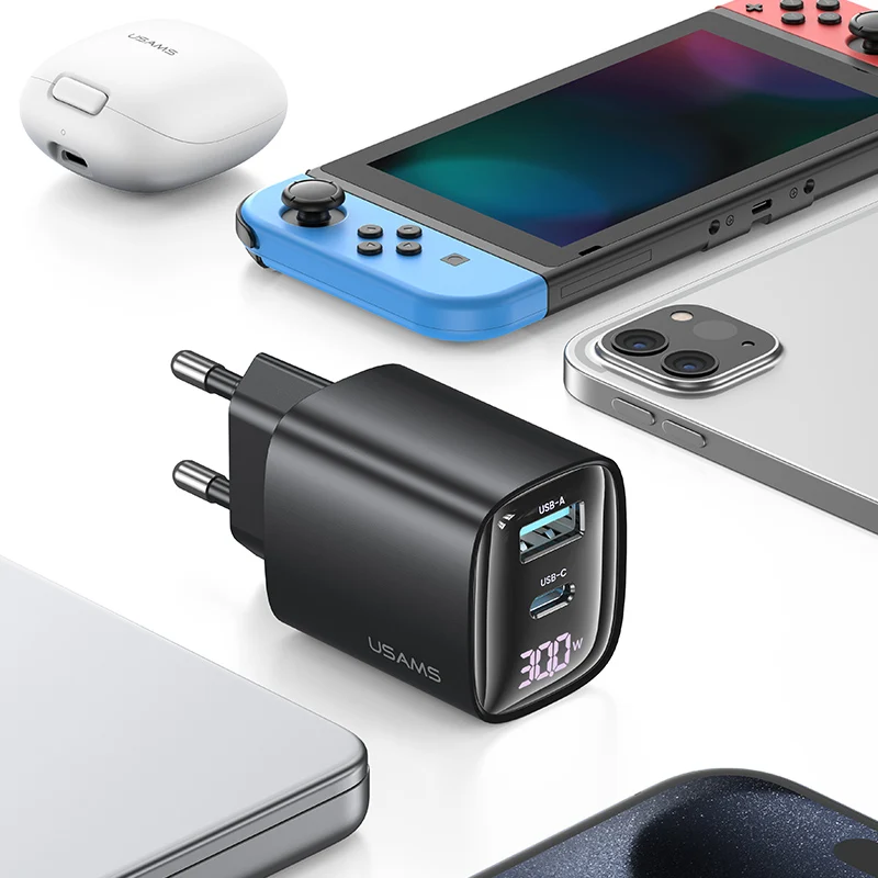 USAMS CC229 Dual USB Type C Port Wall Charger Super Fast 30W GaN Mobile Phone Power Adapter with EU Plug