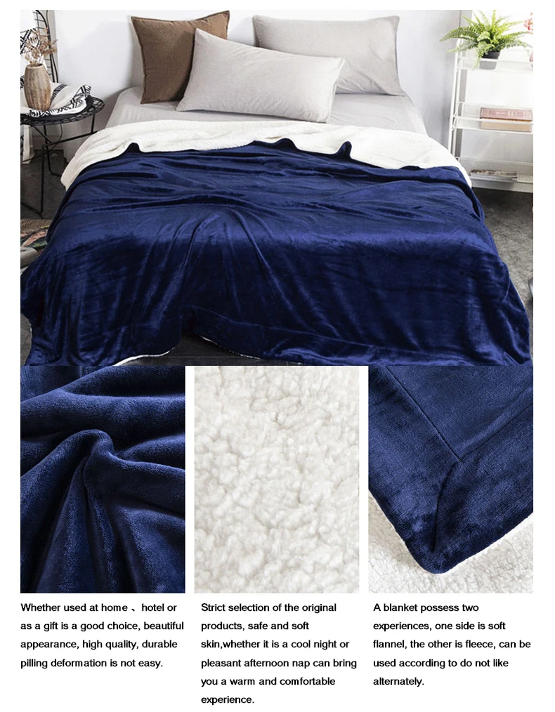 Soft Reversible Fleece Blanket Extra Thick Flannel Sherpa Blankets Navy