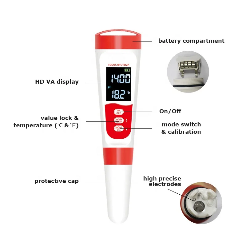 4 in 1 Digital Portable Liquid Temperature Tds ph and Conductivity Meter Competitive Price