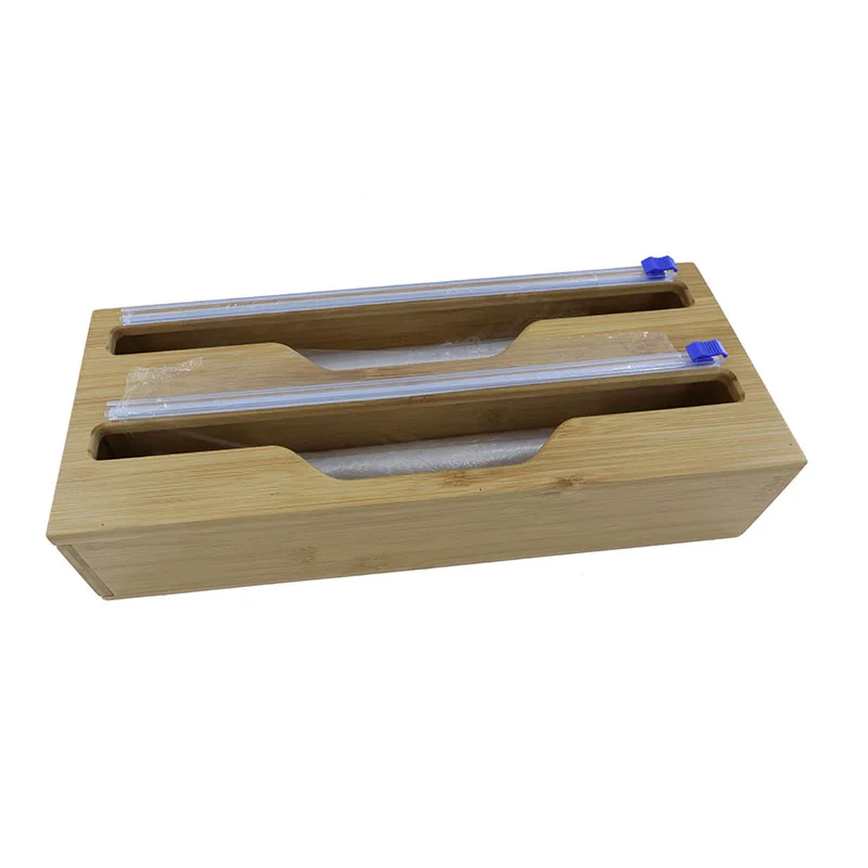 Wholesale Plastic Wrap Dispenser With Cutter Suitable Bamboo Cling Film Storage Box For Kitchen