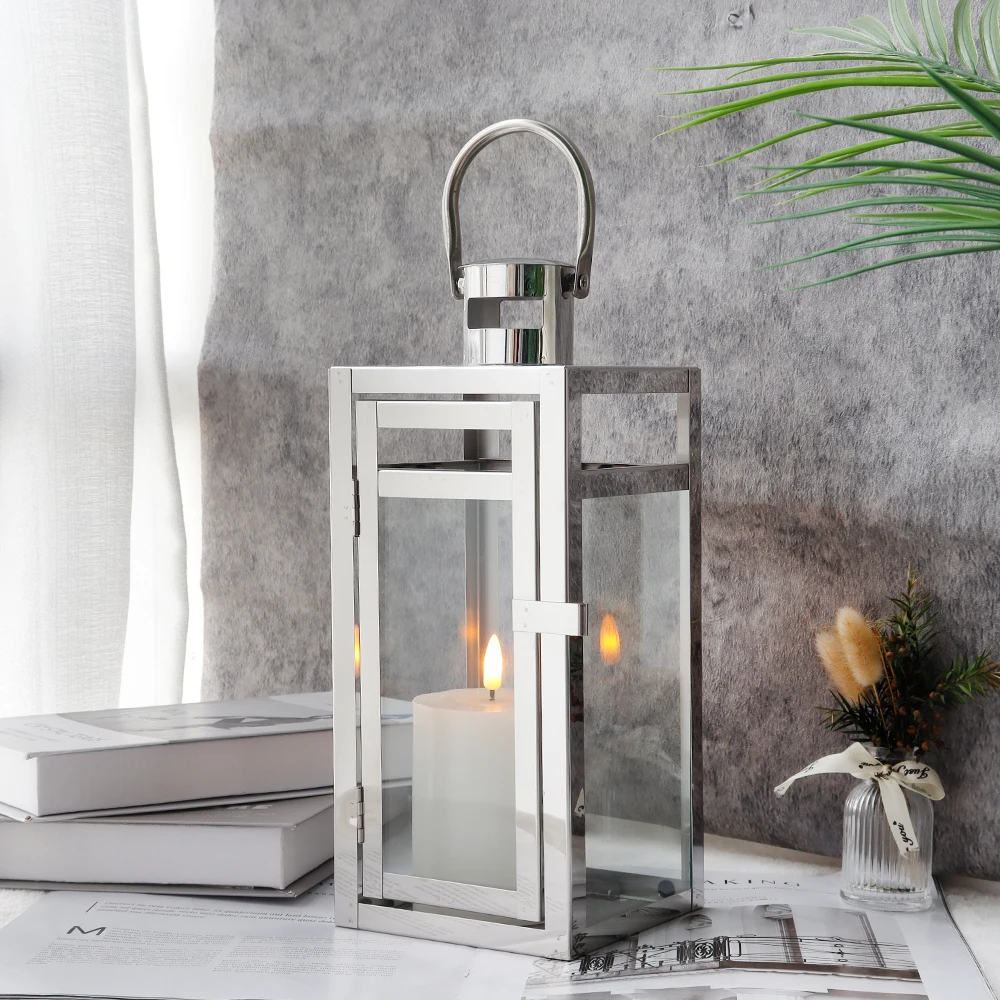 Silver Stainless Lanterns Hanging Candle Lantern Metal Candleholder With Tempered Glass For Home Wedding Decor_voghion.com