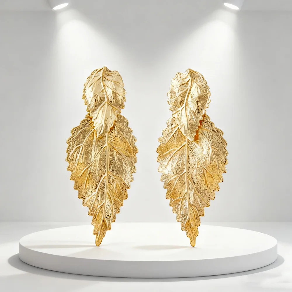 Brincos de Pressão em Forma de Folha de Liga de Zinco Banhados a Ouro, Moda Simples e Sofisticada, Mais Vendidos em Comércio Exterior para Mulheres