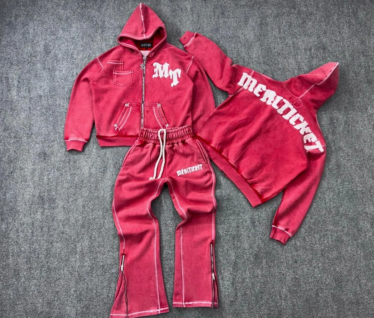 Salati OEM Custom Vintage Acid Wash Hoodie and Sweatpants Set Men's Streetwear Embroidered Patched Hoodie Set for Men gallery 2