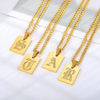 Gothic Font Alphabet Medallion Name Choker Necklaces 26 English Letter A-Z Initial Rectangle Necklace For Women Men