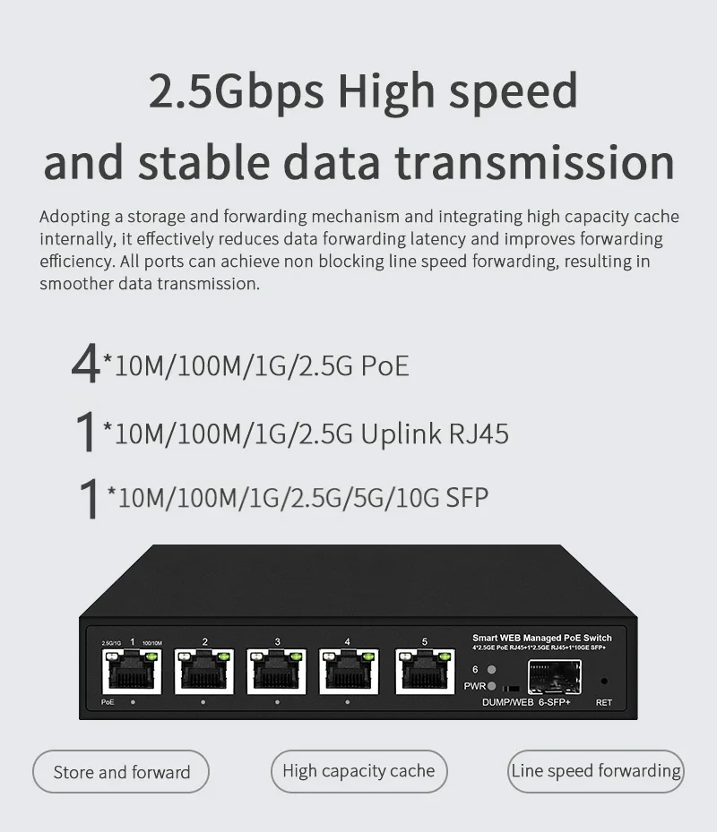 5 Port 2.5G WEB Management Switch with 10G SFP Slot Managed POE Switch factory