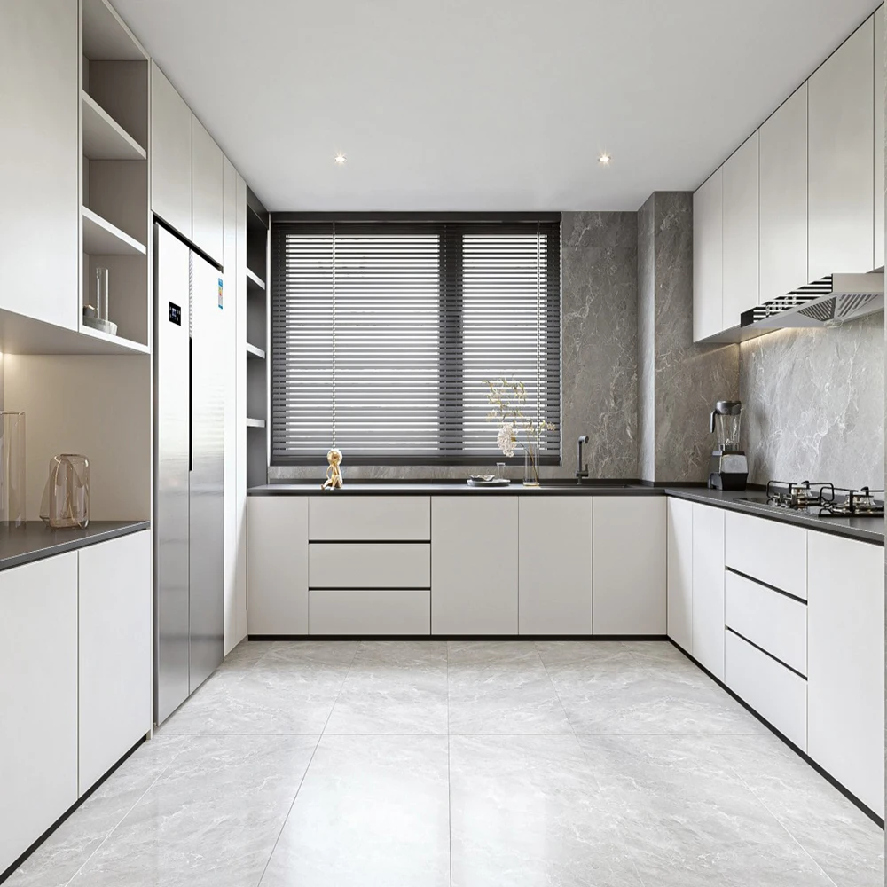 L Shape High Class Fancy Melamine Finished Big House Interior Design Kitchen Cabinets Glass Door Cupboard