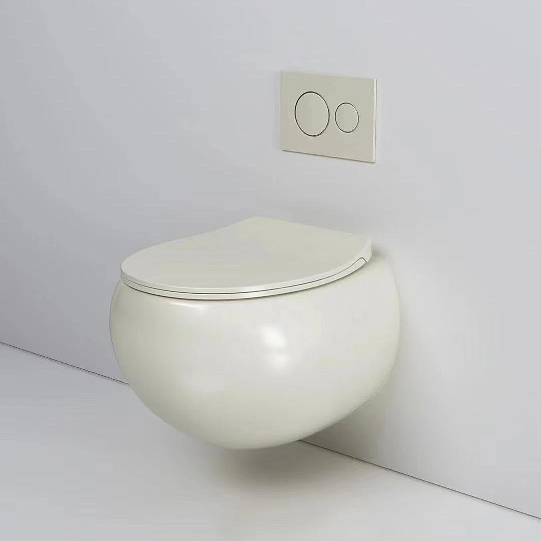 Top quality ceramic toilette khaki white color mounted toilet wall hung round rimless sanitary wc toilets set bathroom