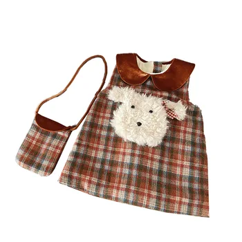 2024 autumn and winter new retro style girls baby dresses velvet vest skirt girl plaid baby princess dress with bag