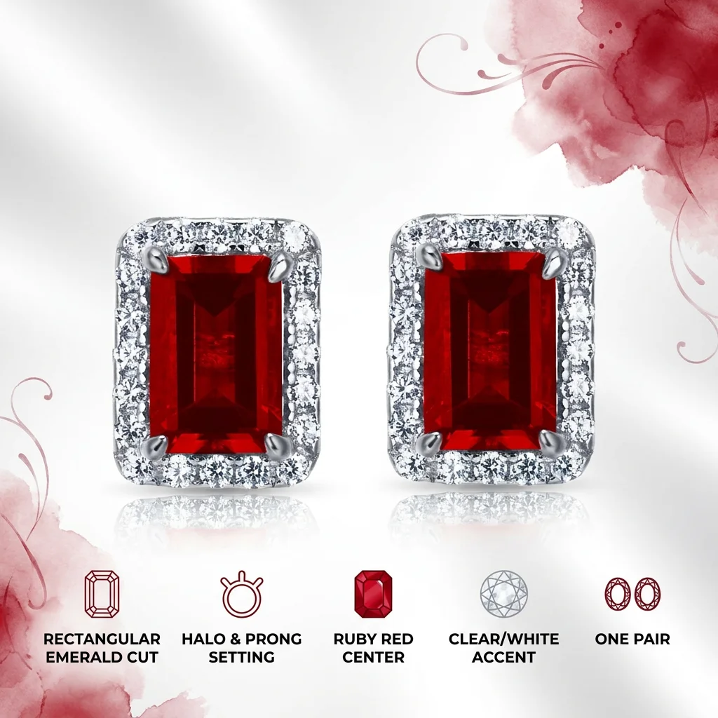 Red Emerald Cut Silver 925 Stud Earrings Halo Claw Setting Fine Jewelry for Women Engagement Gift Party Wedding