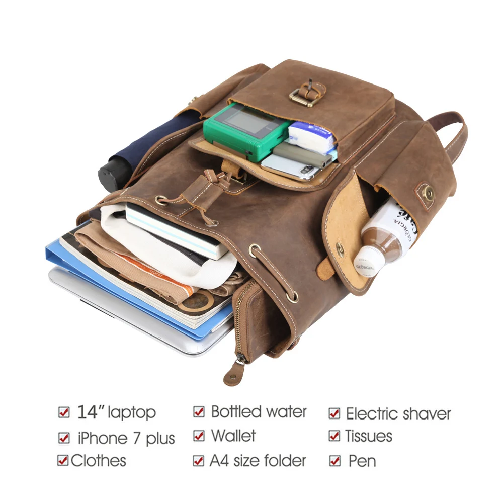 Tiding Vintage Full Top Grain Drawstring Leather Back Pack Real Leather Men Backpack