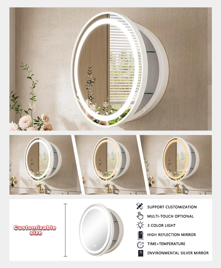 product modern smart aluminum alloy led mirror cabinet illuminated antifog bathroom round bathroom cabinet for hotel bathroom-4