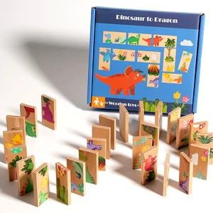 Kids Educational Toy Unisex Domino Puzzle Toys Wooden Building Block Toys Children Custom Domino Dinosaur to Dragon Set