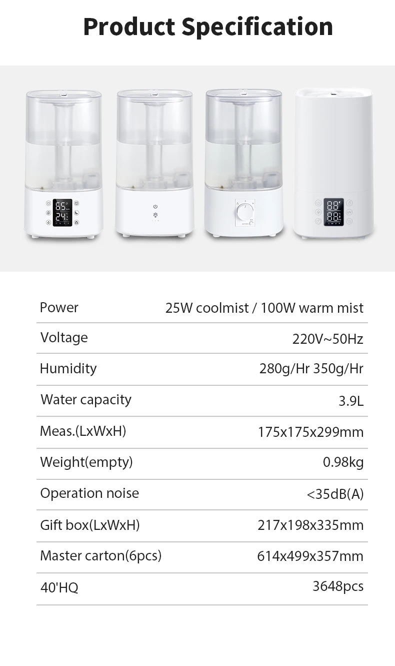 RUNAL 4L Top Fill Water Large Capacity Cool Warm Mist Smart Ultrasonic Air Humidifier With Led Light for Home Bedroom Baby Room
