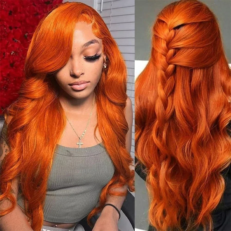 Oranje gember kant voor pruiken body wave menselijk haar transparante kant pruik_voghion.com