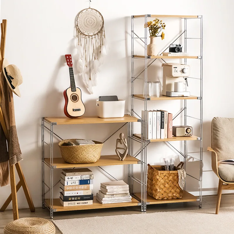 Multi-layer Wooden Storage Shelf with Steel Frame for Modern Homes