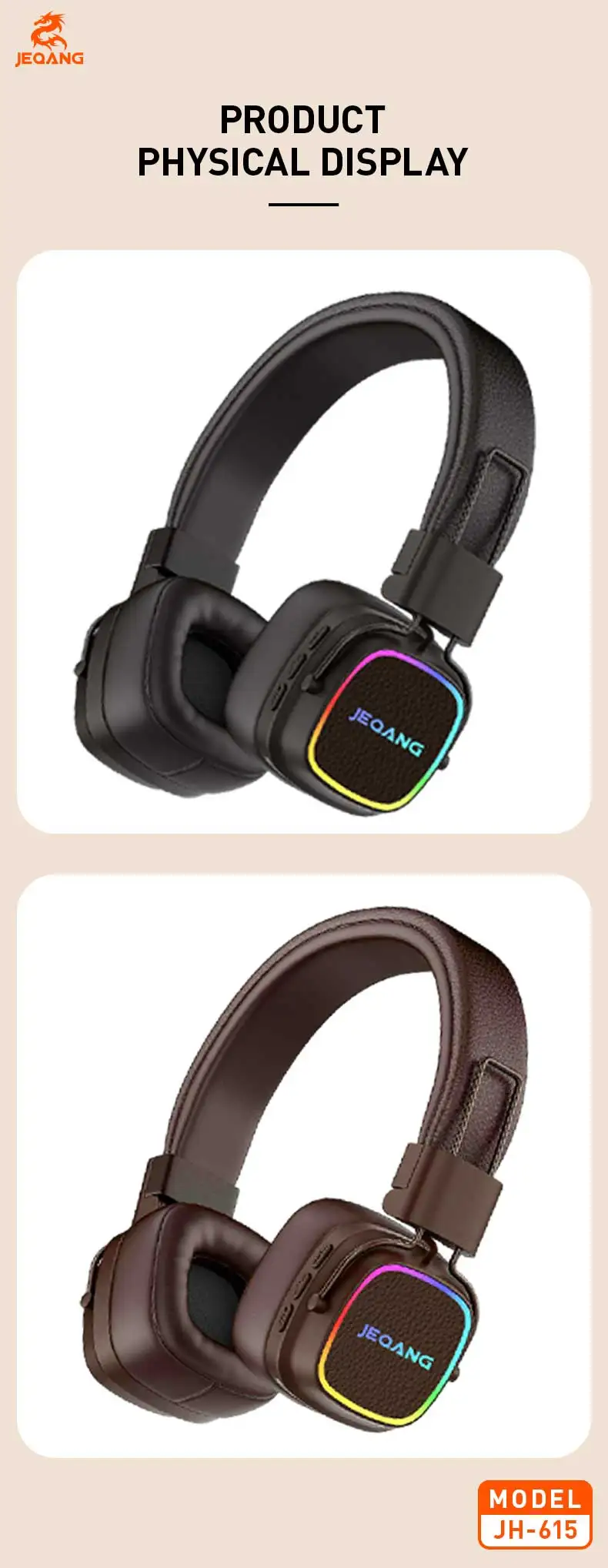 Jeqang New On-Ear BT Headset with RGB Noise Reduction USB Connectors Dynamic VocaLigm for DJ Travel Sports Gaming Office Support
