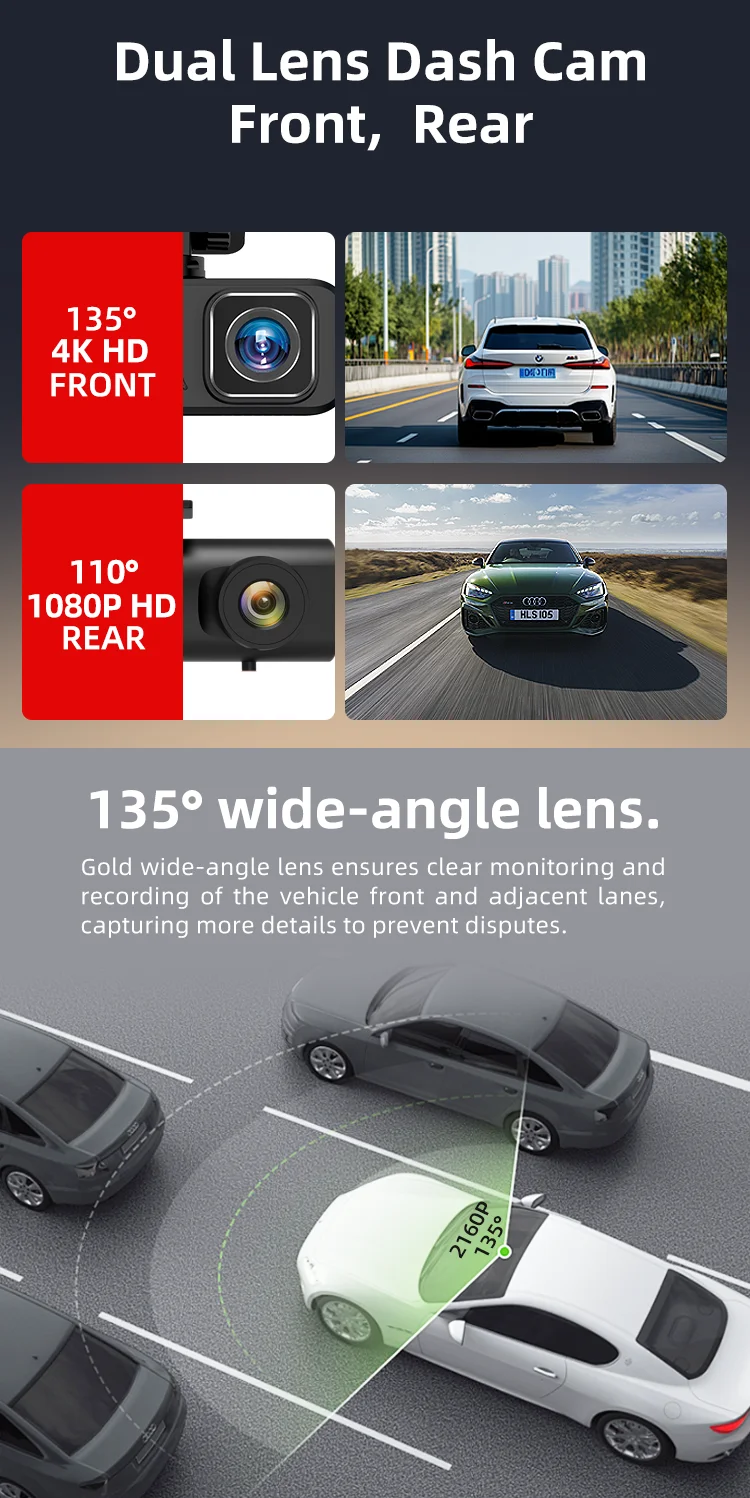 Dual Lens Car DVR Recorder Car Dash Camera with 4K Front and Back 1080P IPS Screen Loop Record for Competitively Priced manufacture