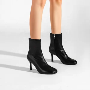 Moncheer Women's PU Leather Stiletto Heel Zip-Up Tabi Boots Square Toe Autumn Fashion Ankle Boots Western Style Formal Anti-Slip