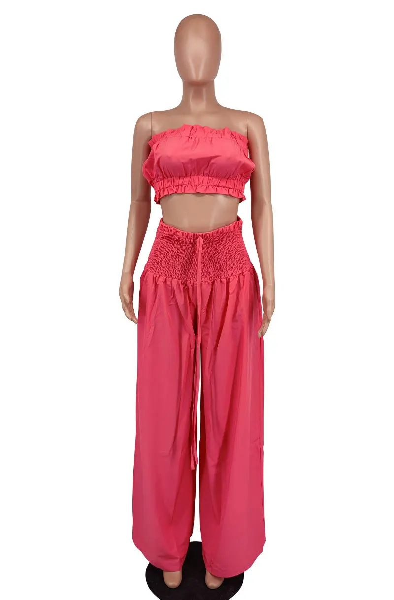 8674 New Arrivals Strapless Tube Top Matching Wide Leg Straight Pants Summer Casual Two Piece 