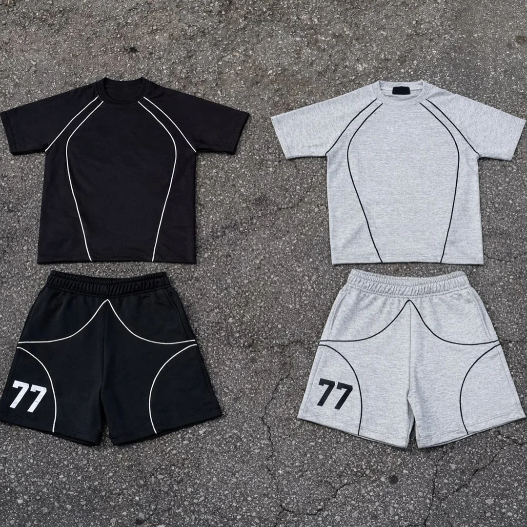 Koszulka typu vintage do stroju ulicznego dla mężczyzn z krótkimi rękawami i spodenkami – zestaw z możliwością personalizacji nadrukiem lub haftem