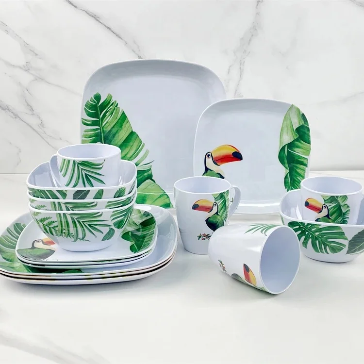 New Design Spring Leaf Toucan Custom logo Fine Melamine Dinnerware Set Luxury 16pcs Melamine Plate Bowl Mug Tableware Sets