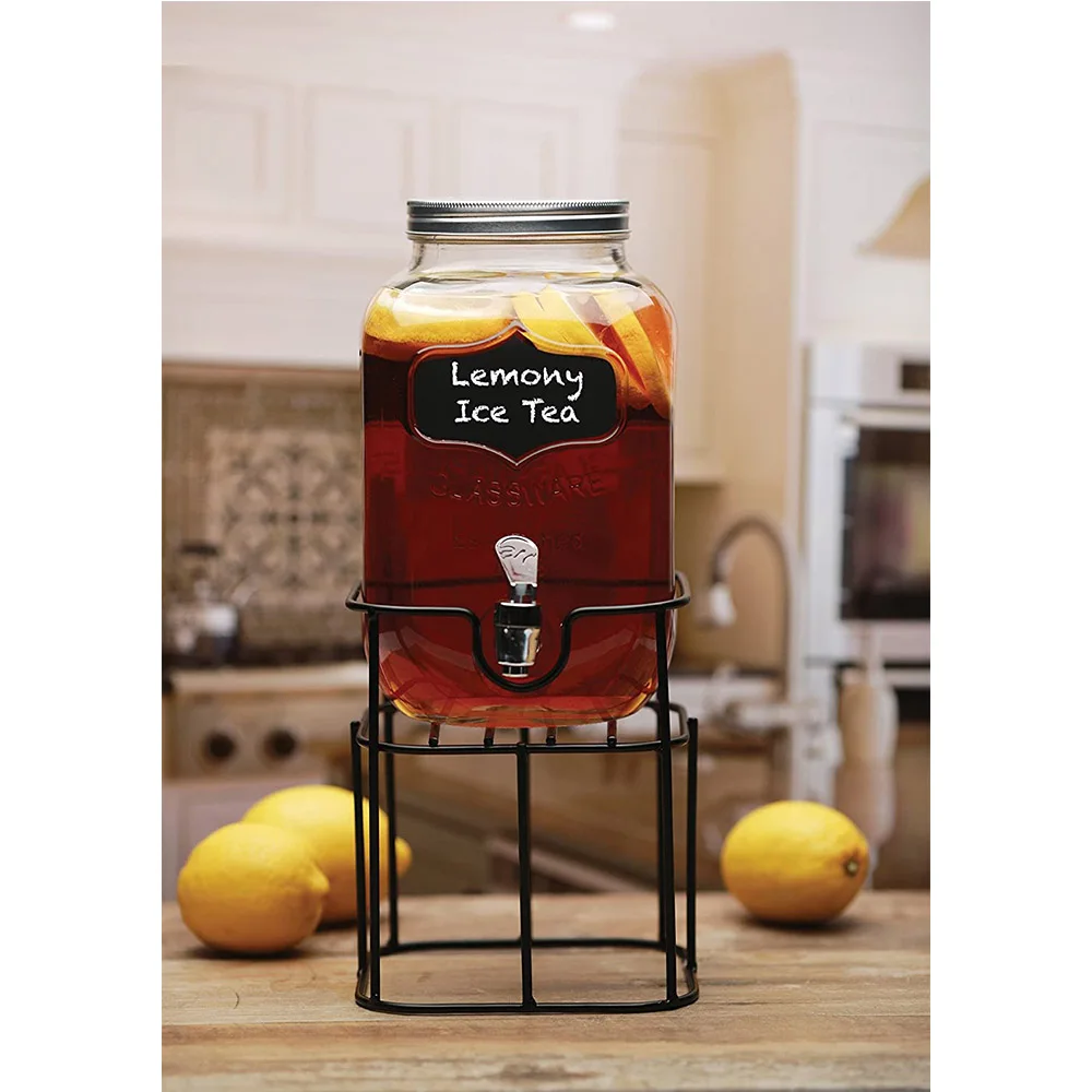 Customized Logo Printed 1 Gallon 4L Ice Cold Steel Beverage Dispenser Jar With Tap Glass Water Dispenser