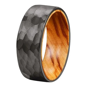 Coolstyle Jewelry Wholesale 8mm Olive Wood Insert Gunmetal Hammered Tungsten Ring for Men Women Fashion Engagement Wedding Band