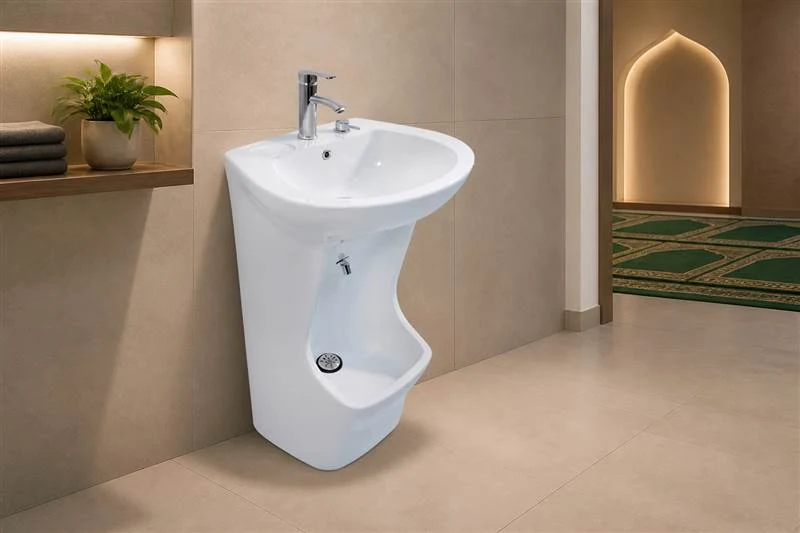 info-1-1 Tall white ceramic wudu basin in a calm corporate campus prayer room washroom