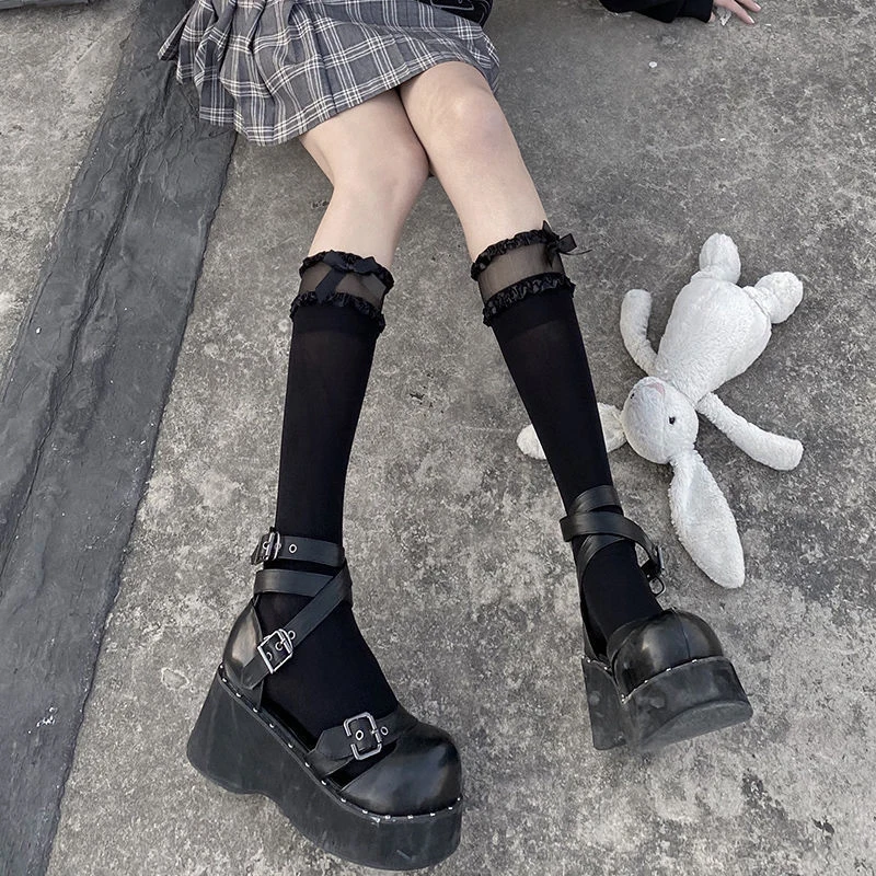 Chaussettes Lolita Femme Avec Nœud Dentelle - Style Studente - Coton Confortable