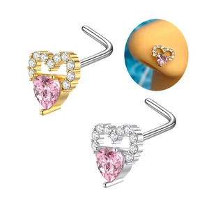 Gold Plated Heart Nose Screw Piercing 20G L Shaped Stainless Steel Nose Stud Ring  New Fashion Piercing Indian Jewelry