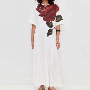 Wisrise Fashion Custom Wholesale Romantic Style Women's White Large Rose Pattern Ruffle Hem Maxi Dress