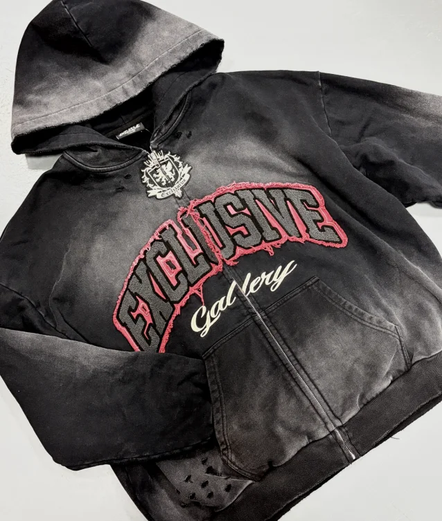 SALATI High Quality Custom Streetwear Zip up Jacket Heavyweight Vintage Acid Wash Distressed Applique Embroidery Boxy Hoodie Men gallery 5