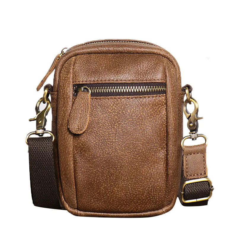 Vintage Men's Genuine Leather Shoulder Bag Frosted Leather Oblique Straddle Bag Waistpack Multifunctional Mobile Phone Bag