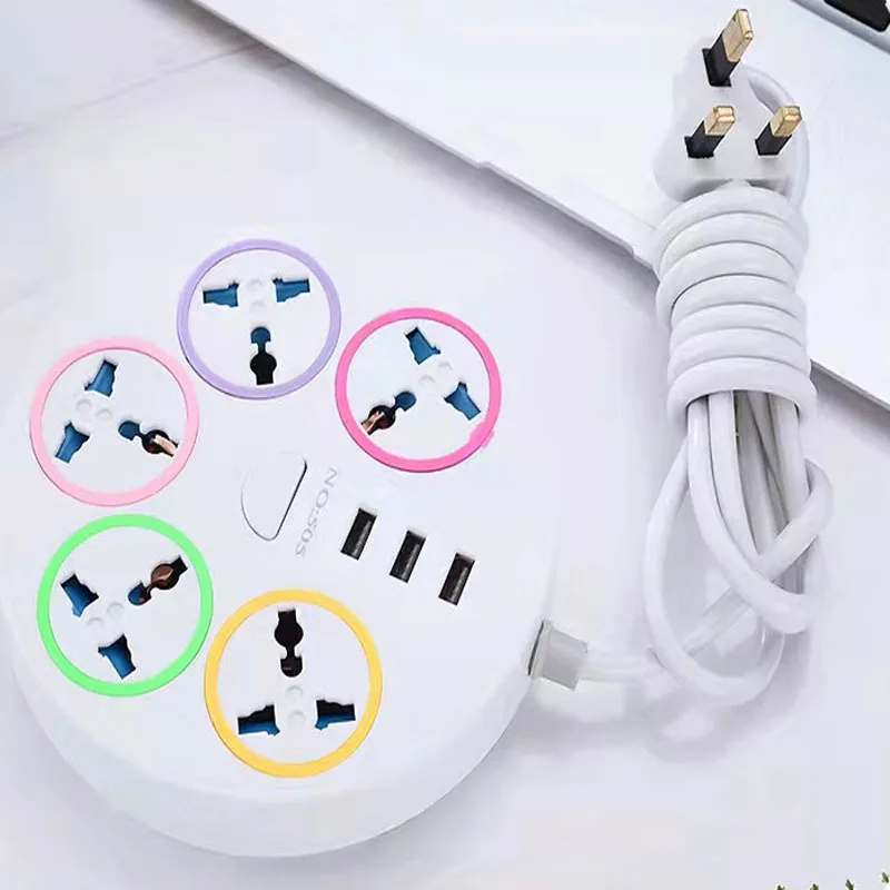 British socket 2M extension cord 5-way socket surge protector tower power strip with 3 USB charging ports