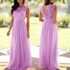 Abito da damigella in chiffon e pizzo viola, lunghezza fino al pavimento